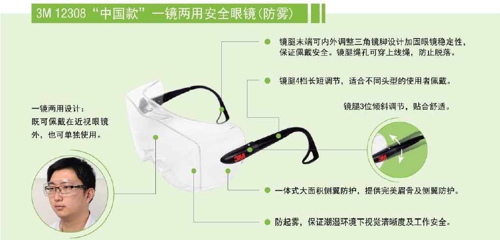 3M 12308 中国款一镜两用 防雾安全眼镜 新款产品