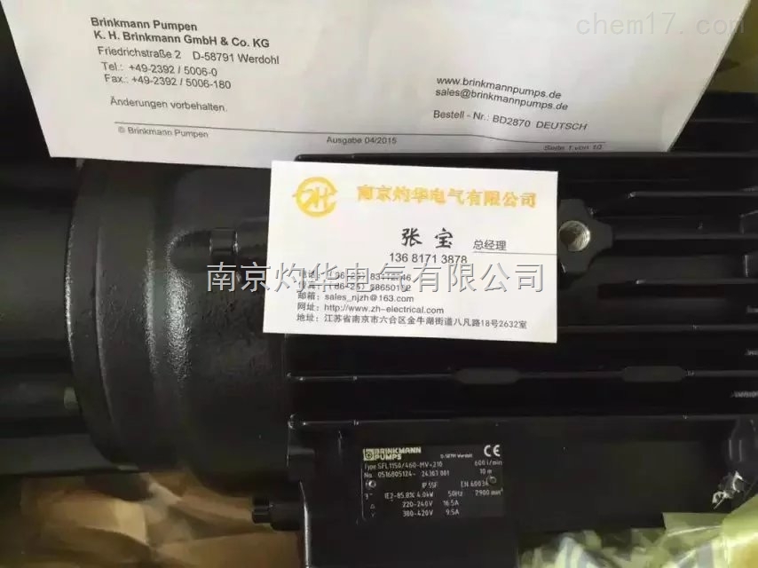 德国布曼BRINKMANN 水泵 电机 叶轮 4-6周货期