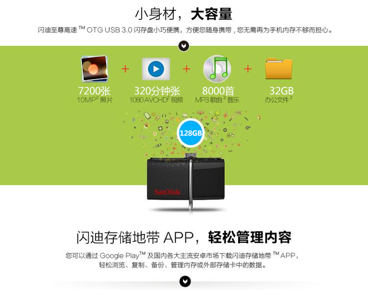 闪迪（SanDisk) 至尊高速 OTG 128GB USB3.0手机U盘,读1