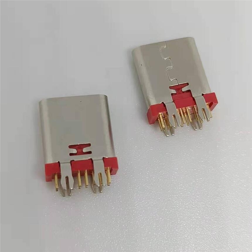 USB3.1 TYPE-C14P立式直插母座 180度插板DIP 红色胶芯带鱼叉脚