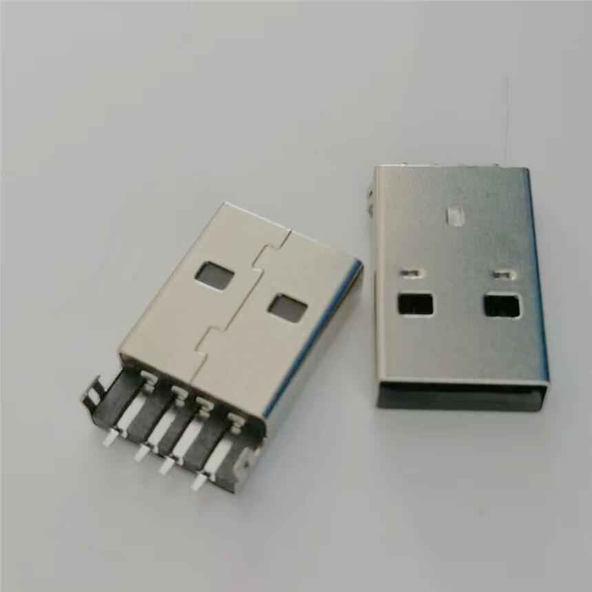 USB 2.0沉板式公头 4P  两脚插板DIP 弯脚 无柱 黑胶 L=18.75