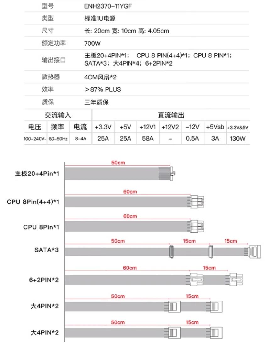 Enhance ENH2370-11YGF 700W ATX 1U 服务器电源