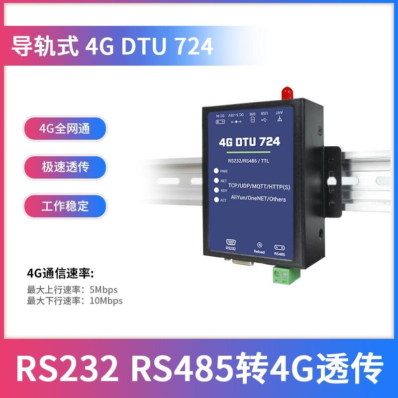 导轨式4G DTU RS485/232转4G CAT1透明传输全网通工业级联网MQTT