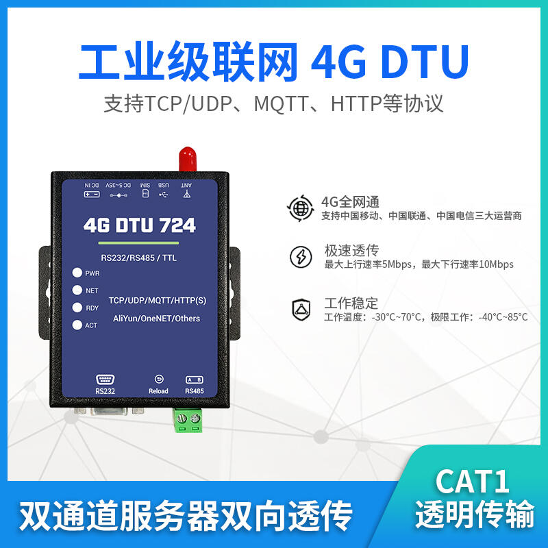 工業(yè)級CAT1 4G DTU模塊RS485/232數(shù)據(jù)TCP/UDP透傳物聯(lián)網(wǎng)控制設(shè)備