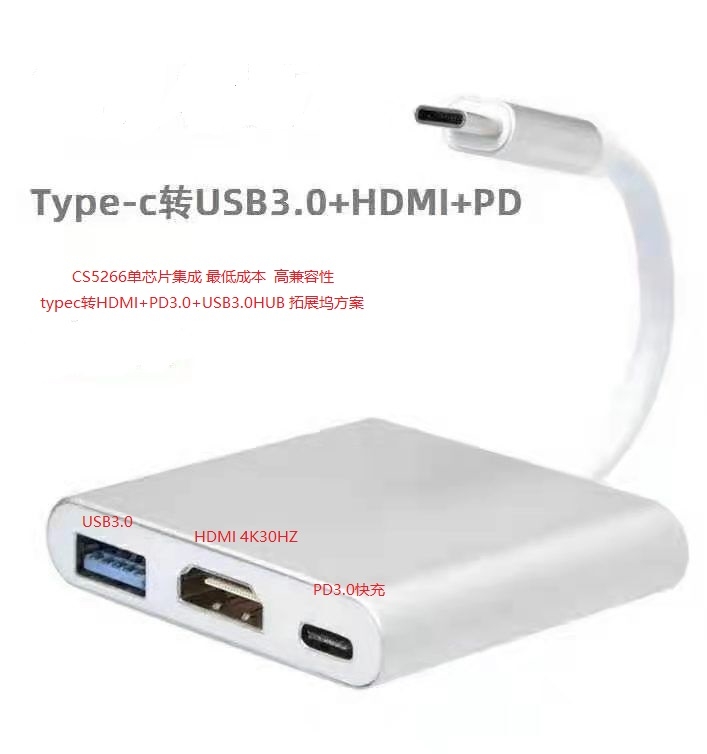 CS5266 USB TYPEC轉(zhuǎn)HDMI+PD3.0+USB3.0拓展塢單芯片方案