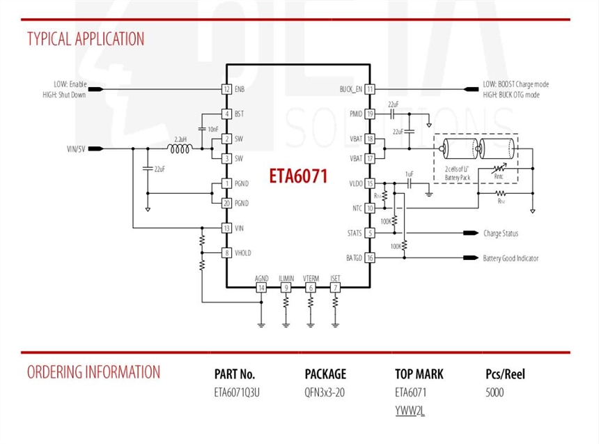 钰泰ETA6071双节充电IC同步升压输入自适应带路径管理NTC