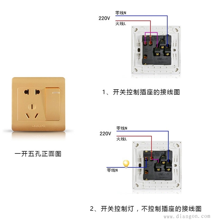 德力西一开五孔插座接线图