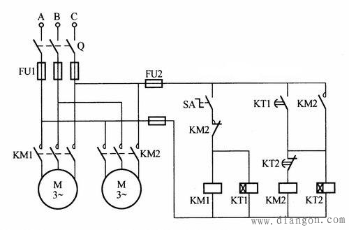 两台电动机交替工作控制电路接线图交替工作原理:合上开关q和控制