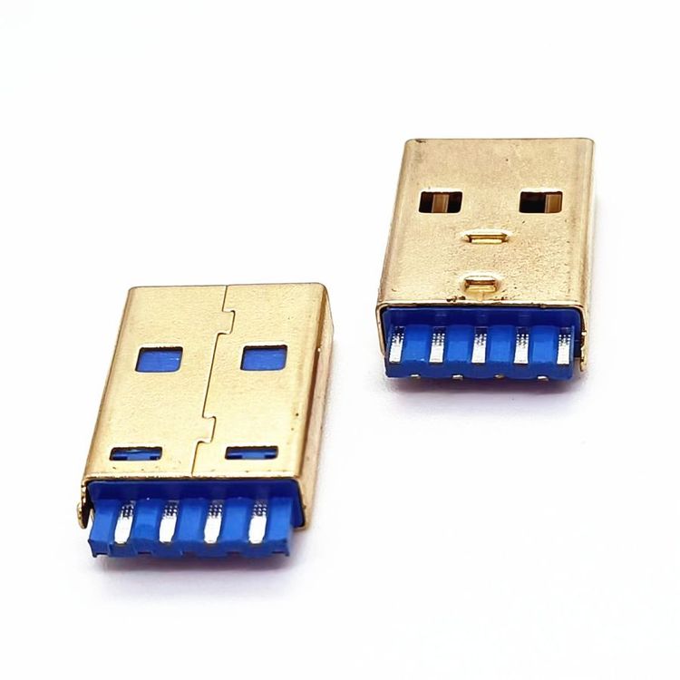 USB3.0焊线式公头9PIN焊线AM蓝胶A公3.0带接地卡勾镀金镀镍