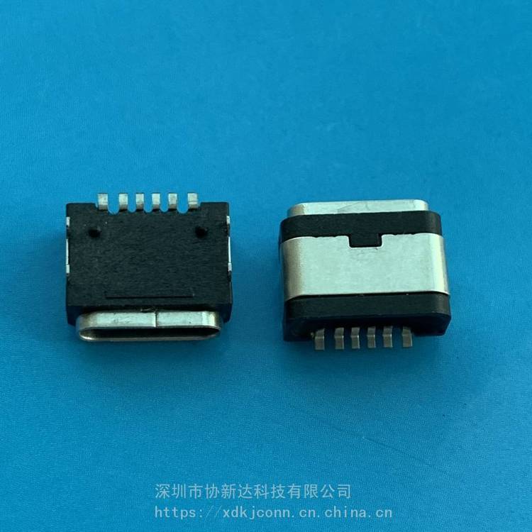 四脚插板6PIN防水母座卧式USB3.1防水插座TYPEC板上型SMT防水插座带防水胶圈