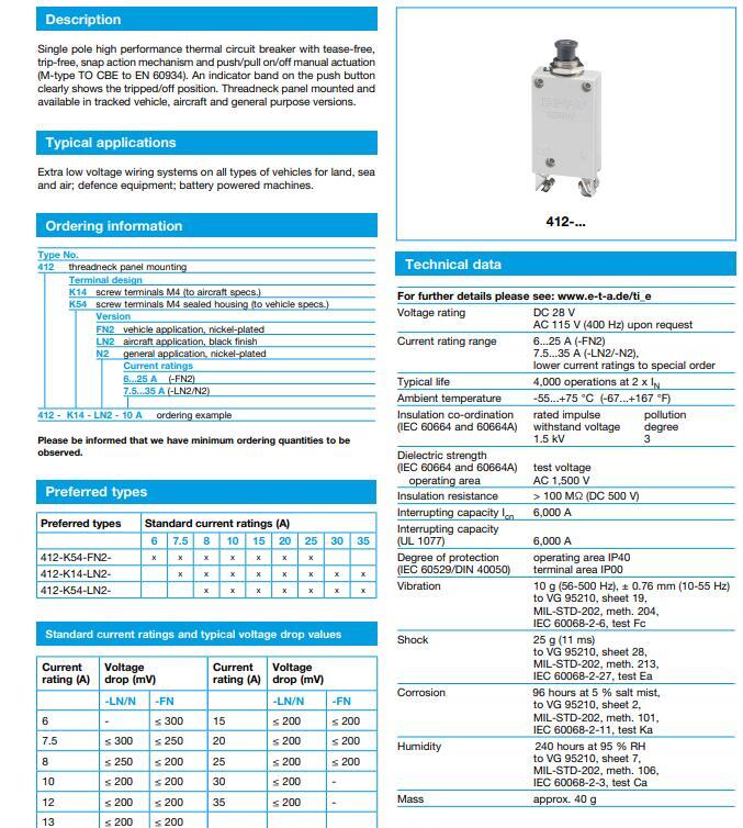 供应ETA热断路器412-K14-LN2-25A