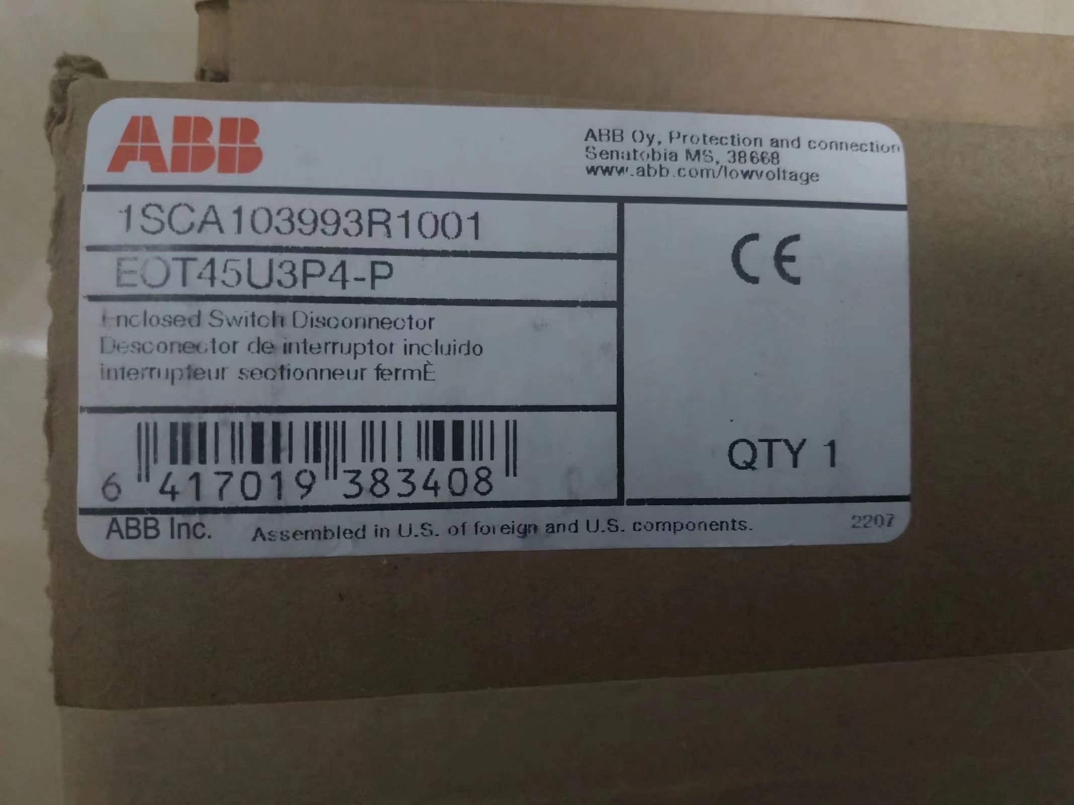 ABB 隔离开关 EOT45U3P4-P 1SCA103993R1001